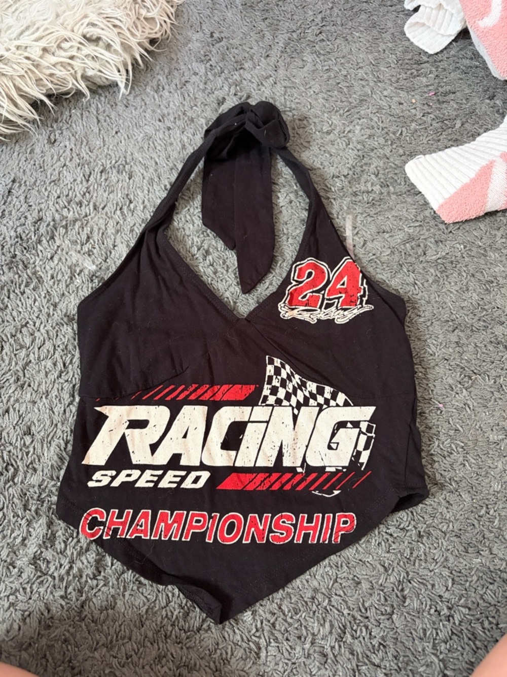 Windsor Black Racing Graphic Halter Crop Top with Red & White Accents